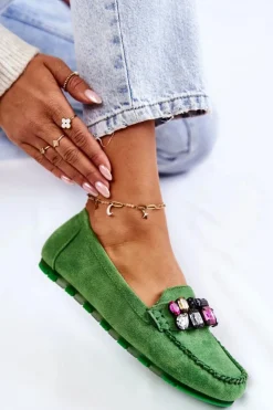 Damskie Boto Damskie Zamszowe Mokasyny Z Ozdobami Zielone Janetta