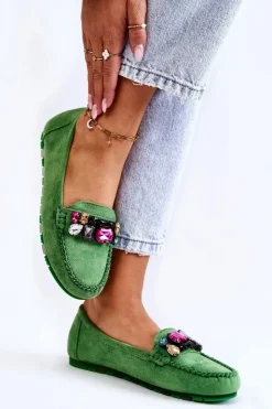 Damskie Boto Damskie Zamszowe Mokasyny Z Ozdobami Zielone Janetta