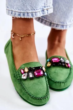 Damskie Boto Damskie Zamszowe Mokasyny Z Ozdobami Zielone Janetta