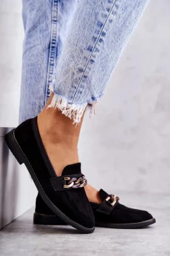 Boto Damskie Zamszowe Mokasyny Z Łańcuszkiem Czarne Nolie