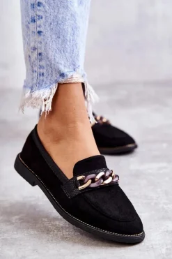 Boto Damskie Zamszowe Mokasyny Z Łańcuszkiem Czarne Nolie
