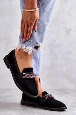 Boto Damskie Zamszowe Mokasyny Z Łańcuszkiem Czarne Nolie