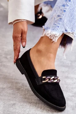 Boto Damskie Zamszowe Mokasyny Z Łańcuszkiem Czarne Nolie