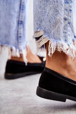 Boto Damskie Zamszowe Mokasyny Z Łańcuszkiem Czarne Nolie