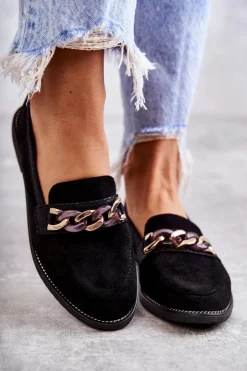 Boto Damskie Zamszowe Mokasyny Z Łańcuszkiem Czarne Nolie