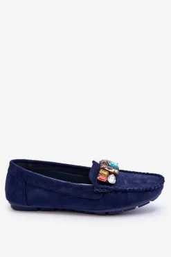Evento Loafersy Damskie|Mokasyny Damskie Zamszowe*Damskie Zamszowe Mokasyny Z Kryształkami Granatowe Lucille
