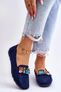 Evento Loafersy Damskie|Mokasyny Damskie Zamszowe*Damskie Zamszowe Mokasyny Z Kryształkami Granatowe Lucille