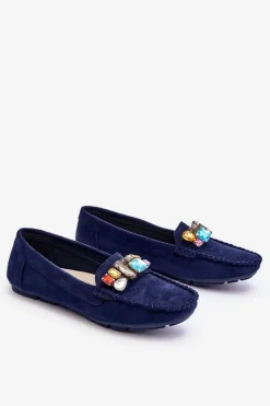 Evento Loafersy Damskie|Mokasyny Damskie Zamszowe*Damskie Zamszowe Mokasyny Z Kryształkami Granatowe Lucille