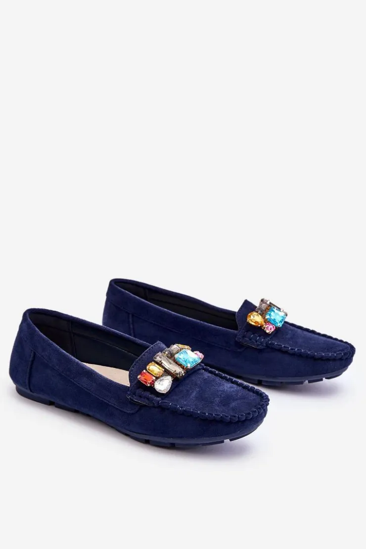 Evento Loafersy Damskie|Mokasyny Damskie Zamszowe*Damskie Zamszowe Mokasyny Z Kryształkami Granatowe Lucille