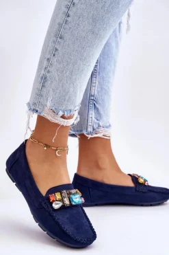 Evento Loafersy Damskie|Mokasyny Damskie Zamszowe*Damskie Zamszowe Mokasyny Z Kryształkami Granatowe Lucille