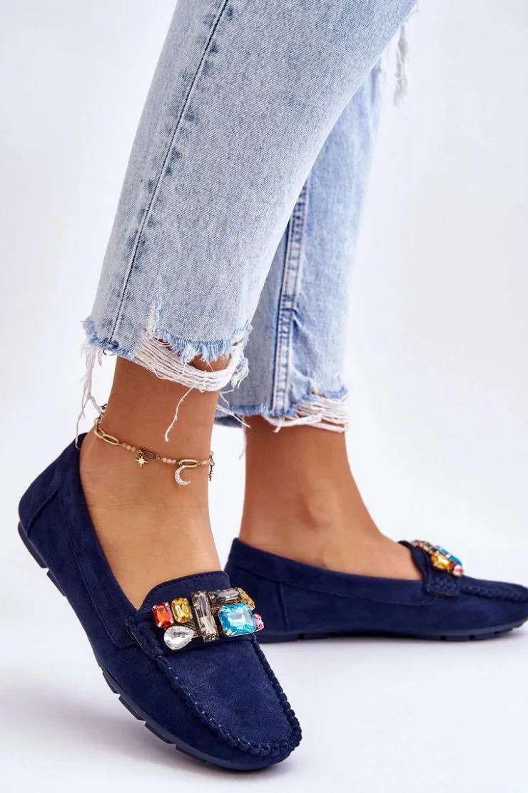 Evento Loafersy Damskie|Mokasyny Damskie Zamszowe*Damskie Zamszowe Mokasyny Z Kryształkami Granatowe Lucille
