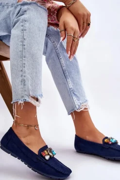 Evento Loafersy Damskie|Mokasyny Damskie Zamszowe*Damskie Zamszowe Mokasyny Z Kryształkami Granatowe Lucille