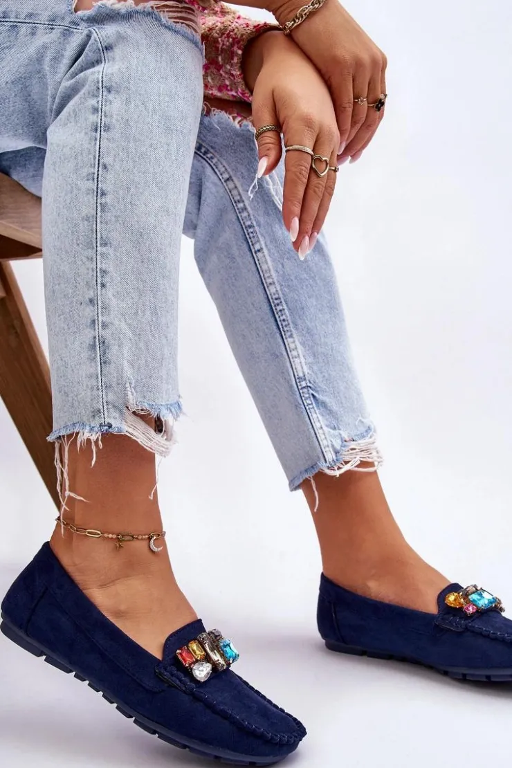 Evento Loafersy Damskie|Mokasyny Damskie Zamszowe*Damskie Zamszowe Mokasyny Z Kryształkami Granatowe Lucille