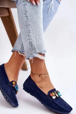 Evento Loafersy Damskie|Mokasyny Damskie Zamszowe*Damskie Zamszowe Mokasyny Z Kryształkami Granatowe Lucille