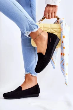 Outlet Boto Damskie Zamszowe Mokasyny Na Koturnie Czarne La Cava