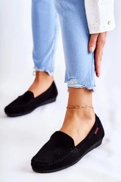 Outlet Boto Damskie Zamszowe Mokasyny Na Koturnie Czarne La Cava