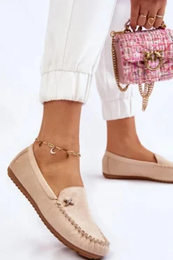 Best Boto Damskie Zamszowe Mokasyny Z Ozdobą Beżowe Leah