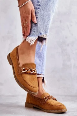 Boto Mokasyny Damskie Zamszowe*Damskie Zamszowe Mokasyny Z Łańcuszkiem Camel Nolie