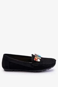 Damskie Evento Damskie Zamszowe Mokasyny Z Kryształkami Czarne Lucille