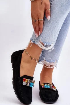 Damskie Evento Damskie Zamszowe Mokasyny Z Kryształkami Czarne Lucille