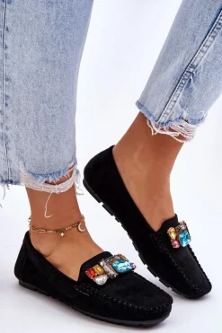 Damskie Evento Damskie Zamszowe Mokasyny Z Kryształkami Czarne Lucille