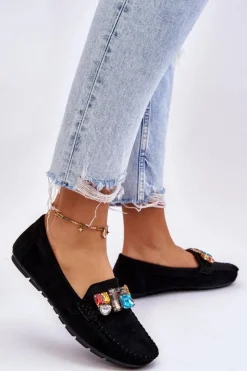 Damskie Evento Damskie Zamszowe Mokasyny Z Kryształkami Czarne Lucille