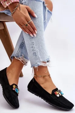 Damskie Evento Damskie Zamszowe Mokasyny Z Kryształkami Czarne Lucille