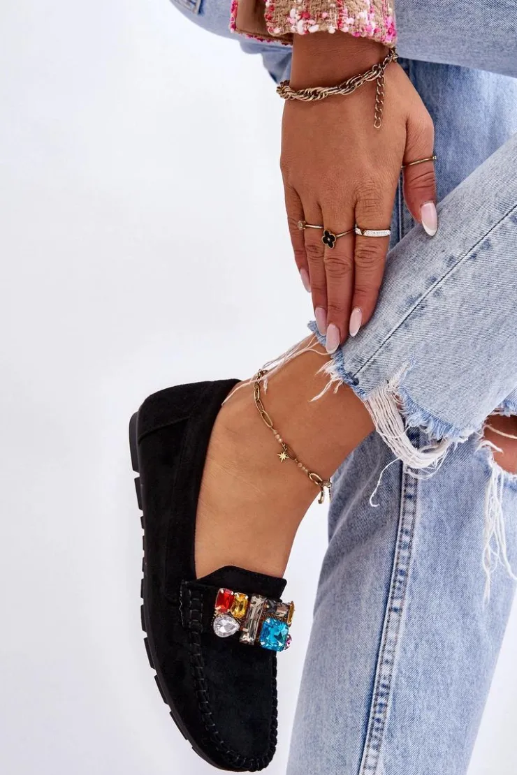 Damskie Evento Damskie Zamszowe Mokasyny Z Kryształkami Czarne Lucille