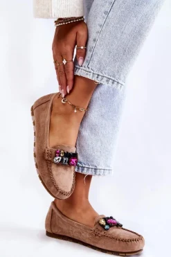 Discount Boto Damskie Zamszowe Mokasyny Z Ozdobami Beżowe Janetta