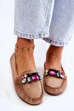 Discount Boto Damskie Zamszowe Mokasyny Z Ozdobami Beżowe Janetta