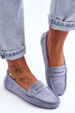 Boto Damskie Zamszowe Mokasyny Niebieskie Lenvie