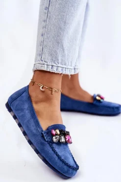 Boto Mokasyny Damskie Zamszowe*Damskie Zamszowe Mokasyny Z Ozdobami Niebieskie Janetta