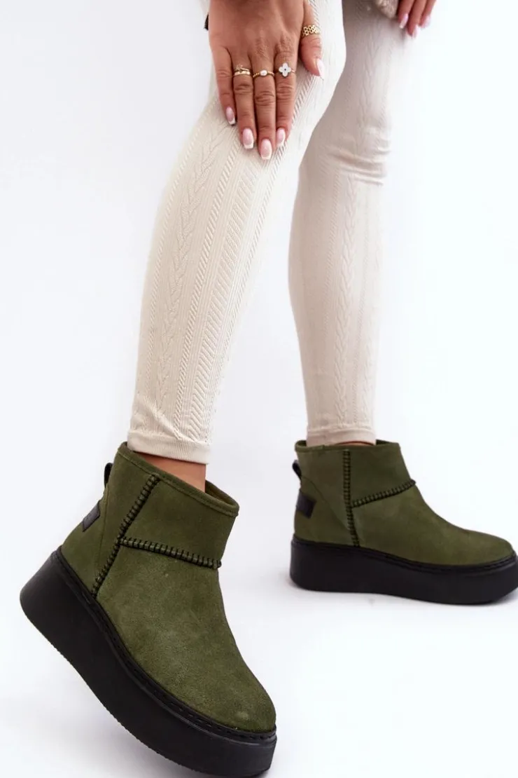 Damskie Maciejka Damskie Zamszowe Śniegowce 06257-24 Oliwkowe