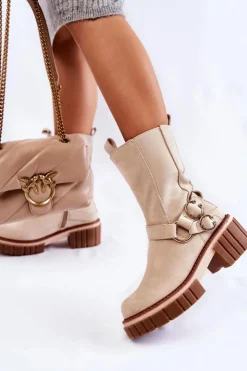 Evento Botki Zimowe Damskie|Brązowe I Beżowe Botki*Damskie Zamszowe Ocieplane Botki Workery Beżowe Brinnon