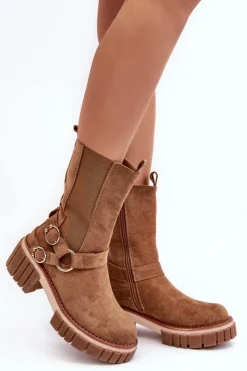 Evento Botki Zimowe Damskie|Brązowe I Beżowe Botki*Damskie Zamszowe Ocieplane Botki Workery Camel Brinnon