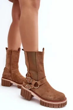 Evento Botki Zimowe Damskie|Brązowe I Beżowe Botki*Damskie Zamszowe Ocieplane Botki Workery Camel Brinnon