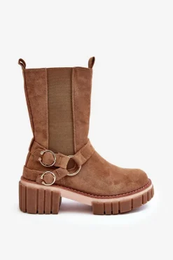 Evento Botki Zimowe Damskie|Brązowe I Beżowe Botki*Damskie Zamszowe Ocieplane Botki Workery Camel Brinnon