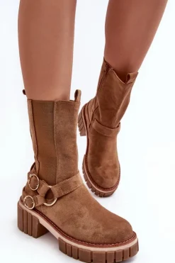 Evento Botki Zimowe Damskie|Brązowe I Beżowe Botki*Damskie Zamszowe Ocieplane Botki Workery Camel Brinnon