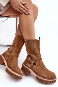 Evento Botki Zimowe Damskie|Brązowe I Beżowe Botki*Damskie Zamszowe Ocieplane Botki Workery Camel Brinnon
