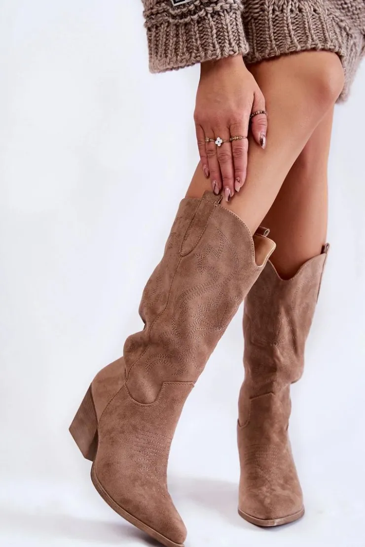 Boto Kozaki Przed Kolano|Kozaki Na Obcasie*Damskie Zamszowe Ocieplane Kozaki Kowbojki Beżowe Caterina
