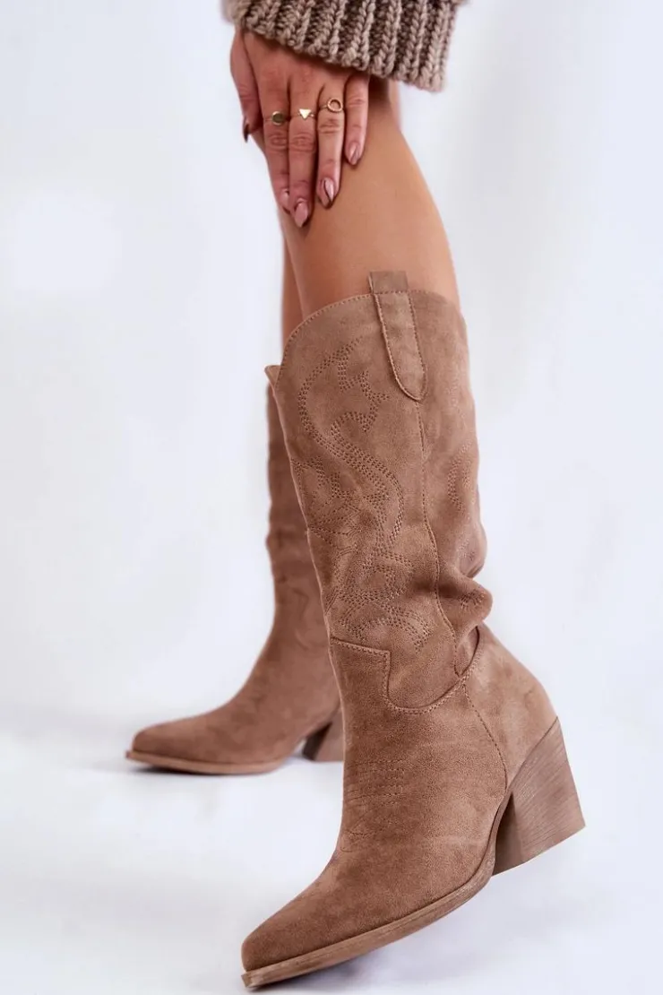 Boto Kozaki Przed Kolano|Kozaki Na Obcasie*Damskie Zamszowe Ocieplane Kozaki Kowbojki Beżowe Caterina