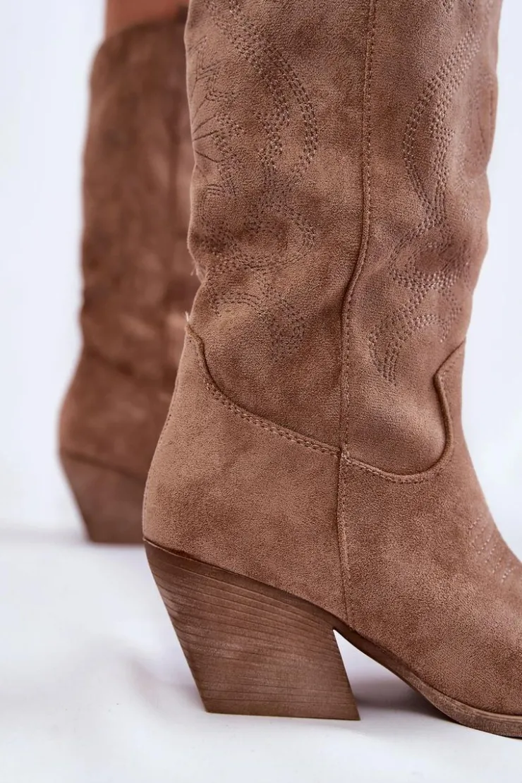 Boto Kozaki Przed Kolano|Kozaki Na Obcasie*Damskie Zamszowe Ocieplane Kozaki Kowbojki Beżowe Caterina