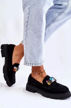 Outlet Boto Damskie Zamszowe Półbuty Loafery Z Ozdobą Czarne Karlott