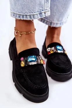 Outlet Boto Damskie Zamszowe Półbuty Loafery Z Ozdobą Czarne Karlott
