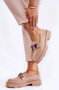 Boto Mokasyny Damskie Zamszowe*Damskie Zamszowe Półbuty Loafery Z Ozdobą Beżowe Karlott