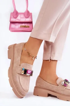 Boto Mokasyny Damskie Zamszowe*Damskie Zamszowe Półbuty Loafery Z Ozdobą Beżowe Karlott