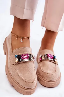 Boto Mokasyny Damskie Zamszowe*Damskie Zamszowe Półbuty Loafery Z Ozdobą Beżowe Karlott