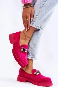 Damskie Boto Damskie Zamszowe Półbuty Loafery Z Ozdobą Fuksja Karlott