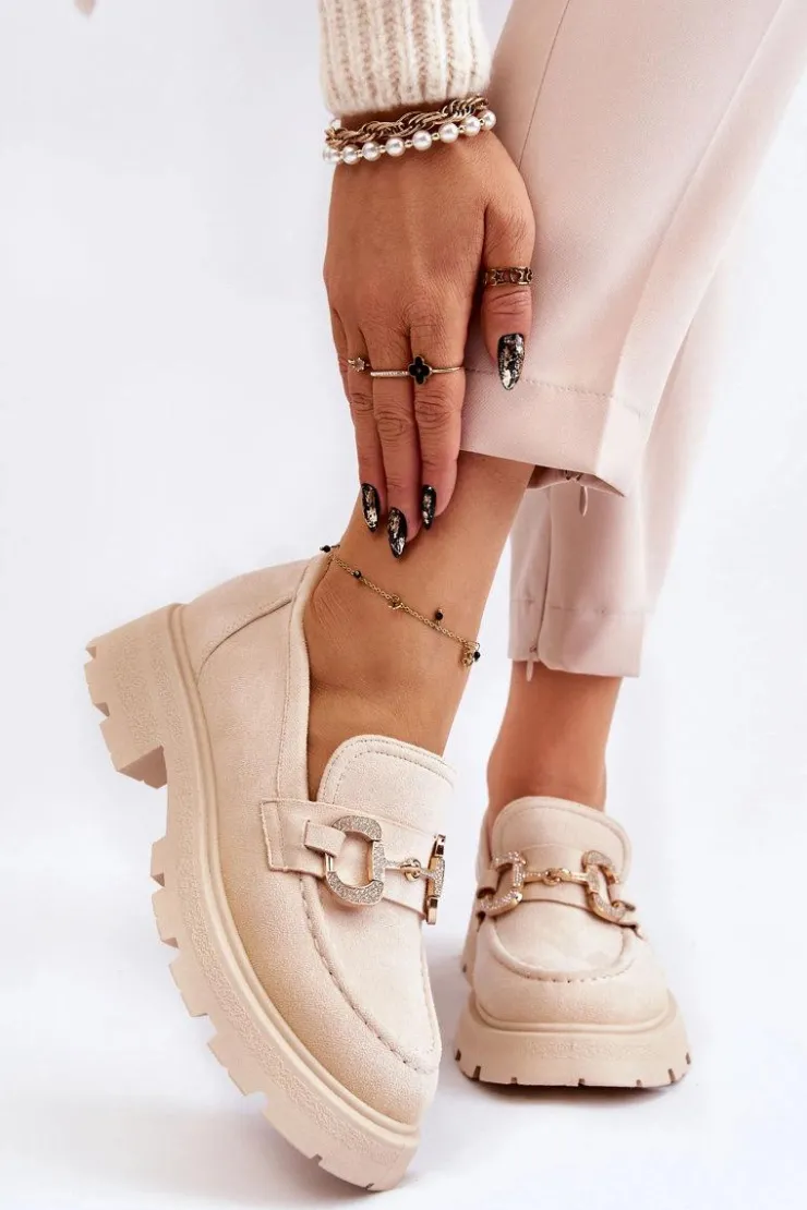 Damskie Boto Damskie Zamszowe Półbuty Na Platformie Z Ozdobą Beżowe Deira