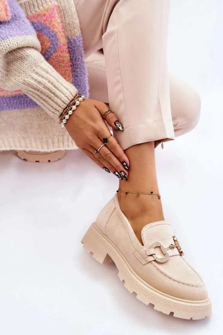 Damskie Boto Damskie Zamszowe Półbuty Na Platformie Z Ozdobą Beżowe Deira